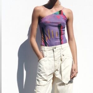 Zara David Pher semi-sheer printed asymmetrical bodysuit
